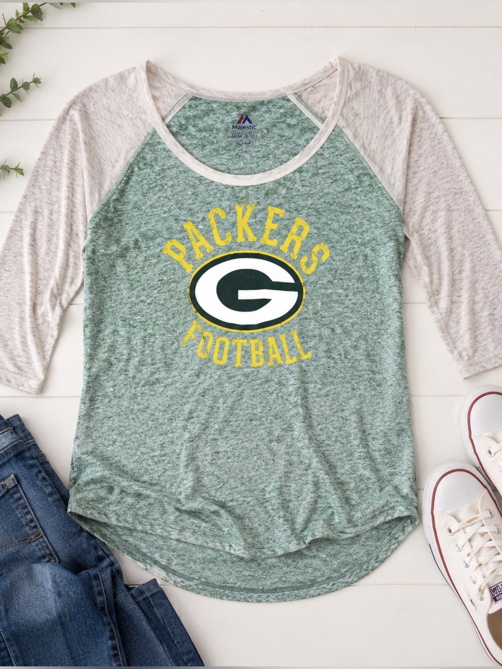 Majestic Packers Green and Yellow Graphic Raglan Tee Size Medium